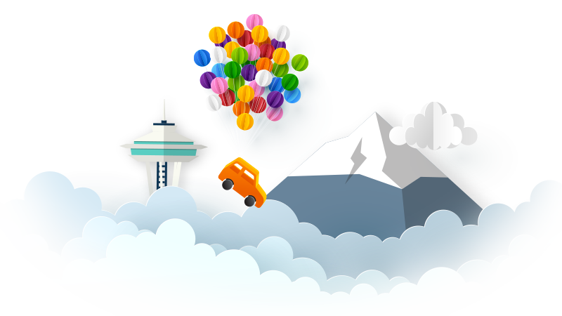 Illustration of a car floating above the clouds being carried by a
        cluster of balloons.