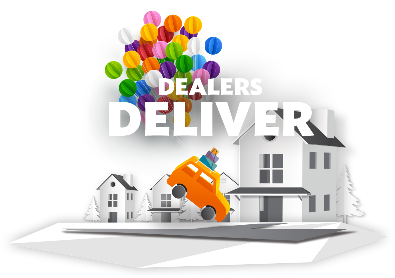Illustration of a car being dropped into a home driveway by a cluster
        of balloons with a banner
        that says "Dealers Deliver".