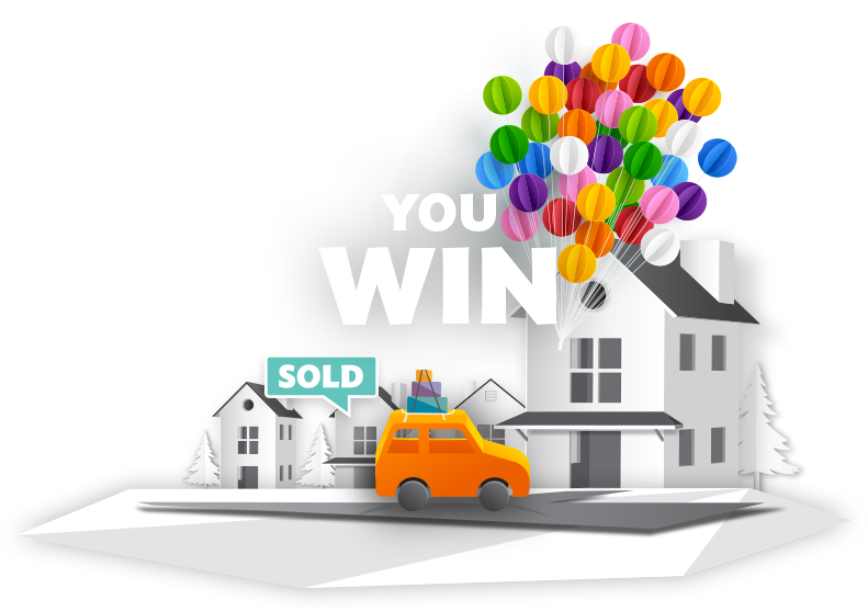Illustration of a new car sitting in a driveway detached from a
        cluster of balloons with a "Sold" sign above it and a banner that reads
        "You Win".